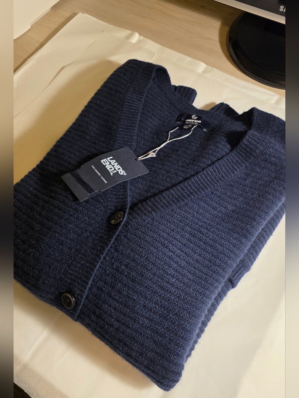 Lands' End Cashmere Varsity Vneck Relaxed Cardigan Sweater 1X
